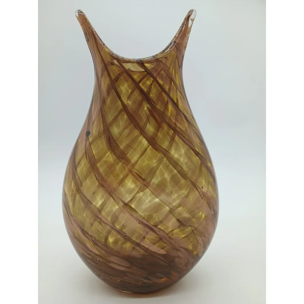 Murano Mid Century Amber Brown Swirl Sparkly Gold Pattern Vase 10